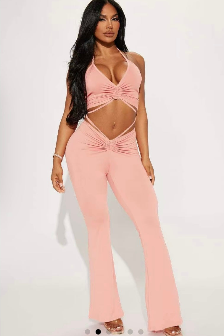 Fierce Fit Two-Piece Set – Halter Crop + Flared Bottoms
